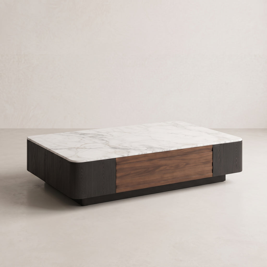 Ensemble table basse et meuble TV effet marbre blanc et noyer, contemporain