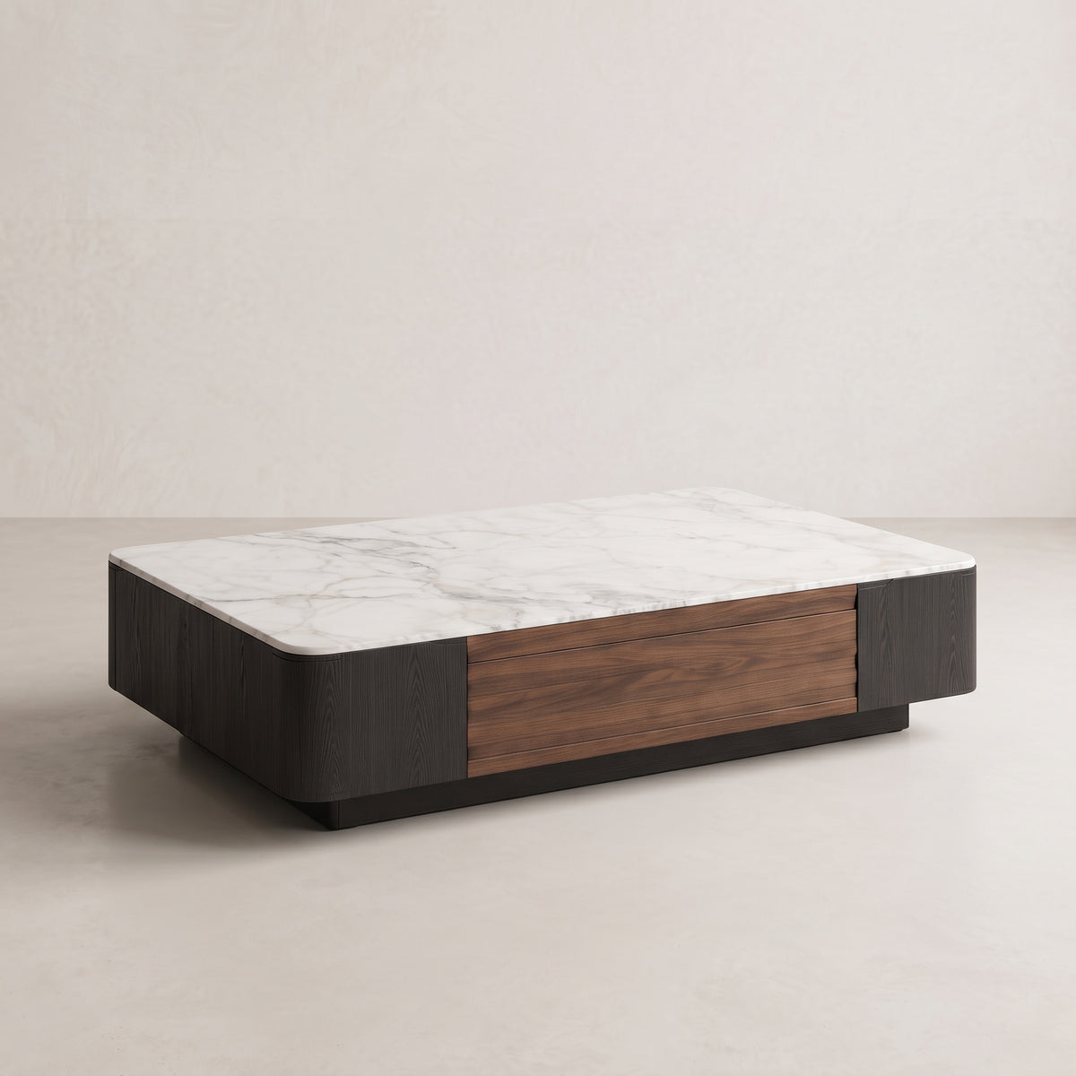 Ensemble table basse et meuble TV effet marbre blanc et noyer, contemporain