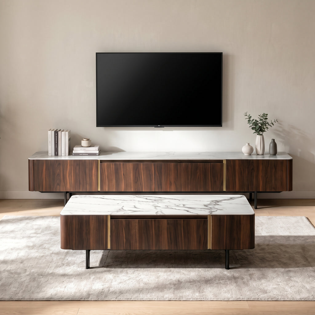 Ensemble table basse et meuble TV marbre blanc et acier inoxydable