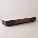 Ensemble table basse et meuble TV effet marbre blanc et noyer, contemporain