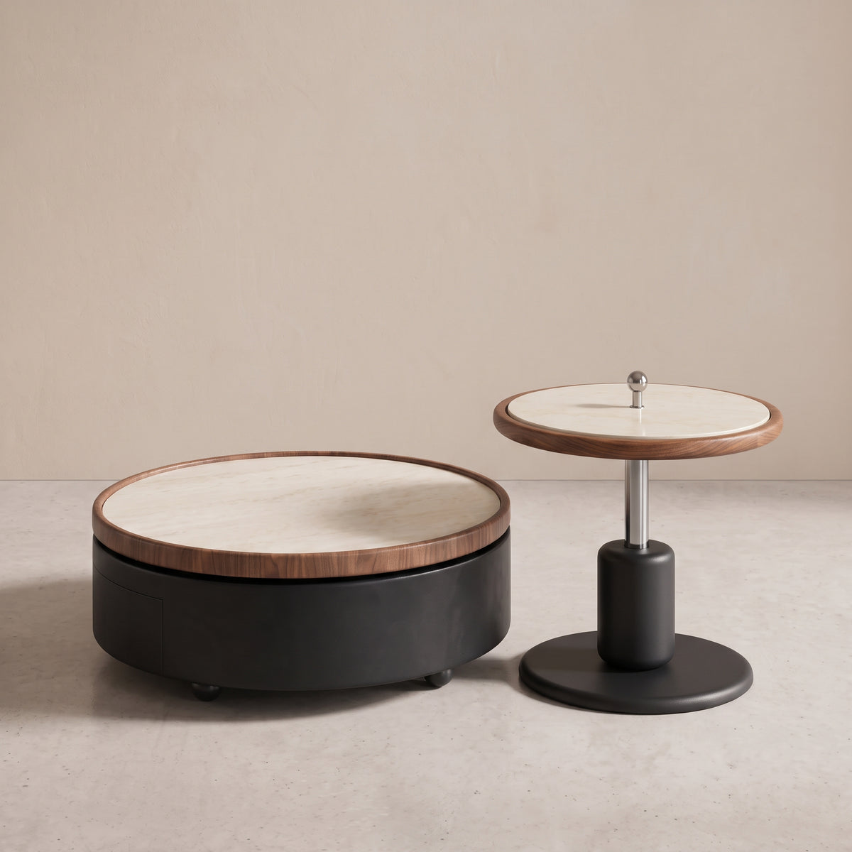 Ensemble tables basses et meuble TV bois et pierre frittée effet travertin