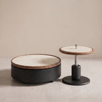 Ensemble tables basses et meuble TV bois et pierre frittée effet travertin