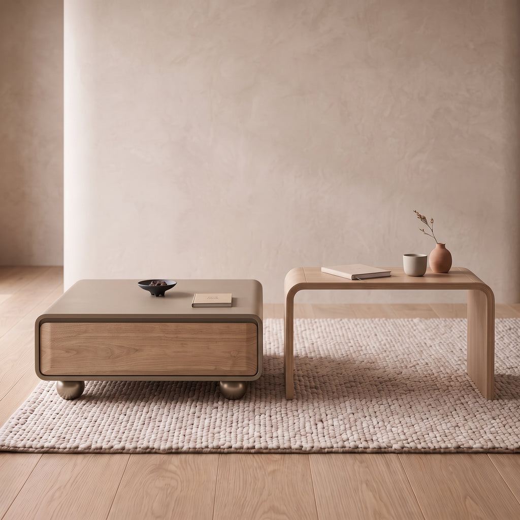 Ensemble table basse, table d'appoint et meuble TV en bois et cuir sellier