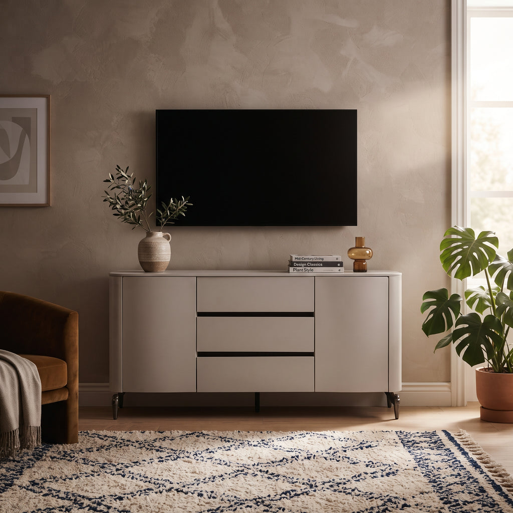 Buffet laqué blanc, plateau pierre naturelle, 2 portes 3 tiroirs, 140 ou 160 cm