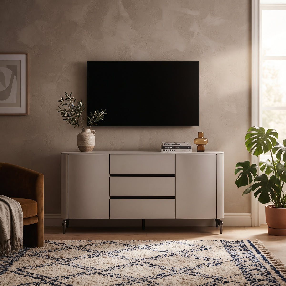 Buffet laqué blanc, plateau pierre naturelle, 2 portes 3 tiroirs, 140 ou 160 cm