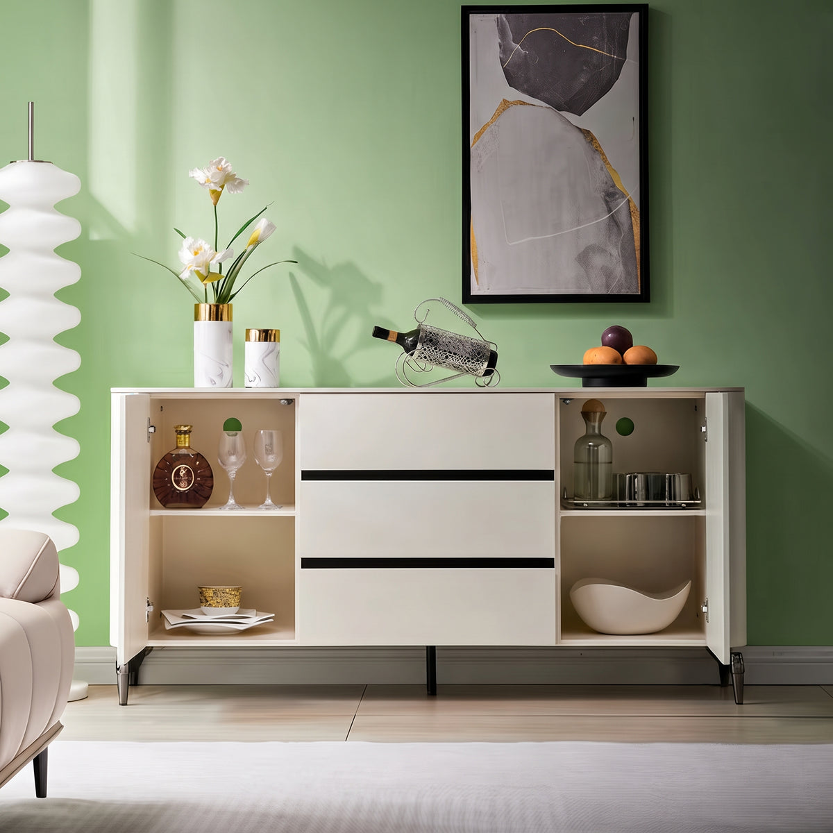 Buffet laqué blanc, plateau pierre naturelle, 2 portes 3 tiroirs, 140 ou 160 cm