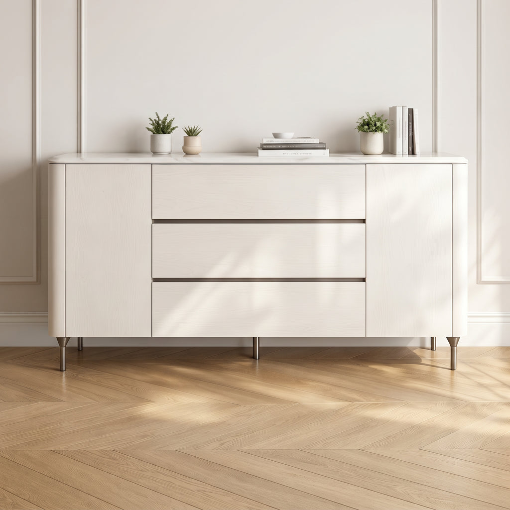 Buffet laqué blanc, plateau pierre naturelle, 2 portes 3 tiroirs, 140 ou 160 cm