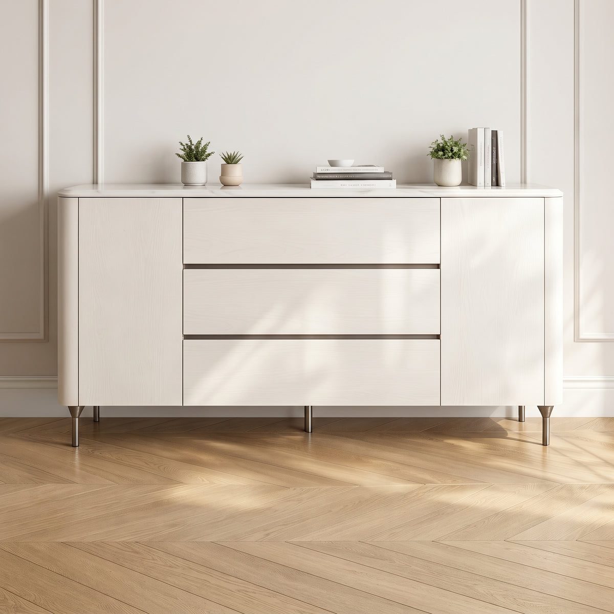 Buffet laqué blanc, plateau pierre naturelle, 2 portes 3 tiroirs, 140 ou 160 cm