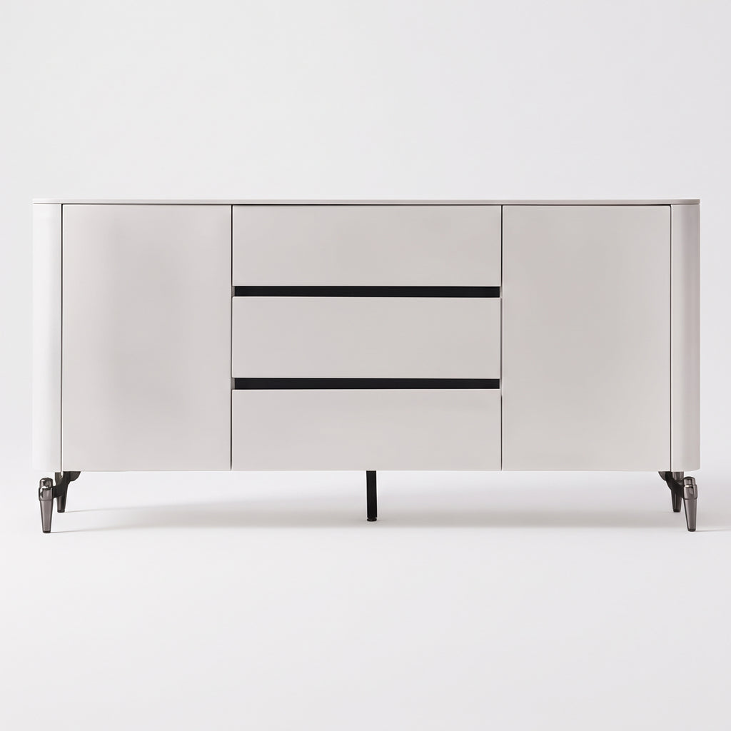 Buffet laqué blanc, plateau pierre naturelle, 2 portes 3 tiroirs, 140 ou 160 cm