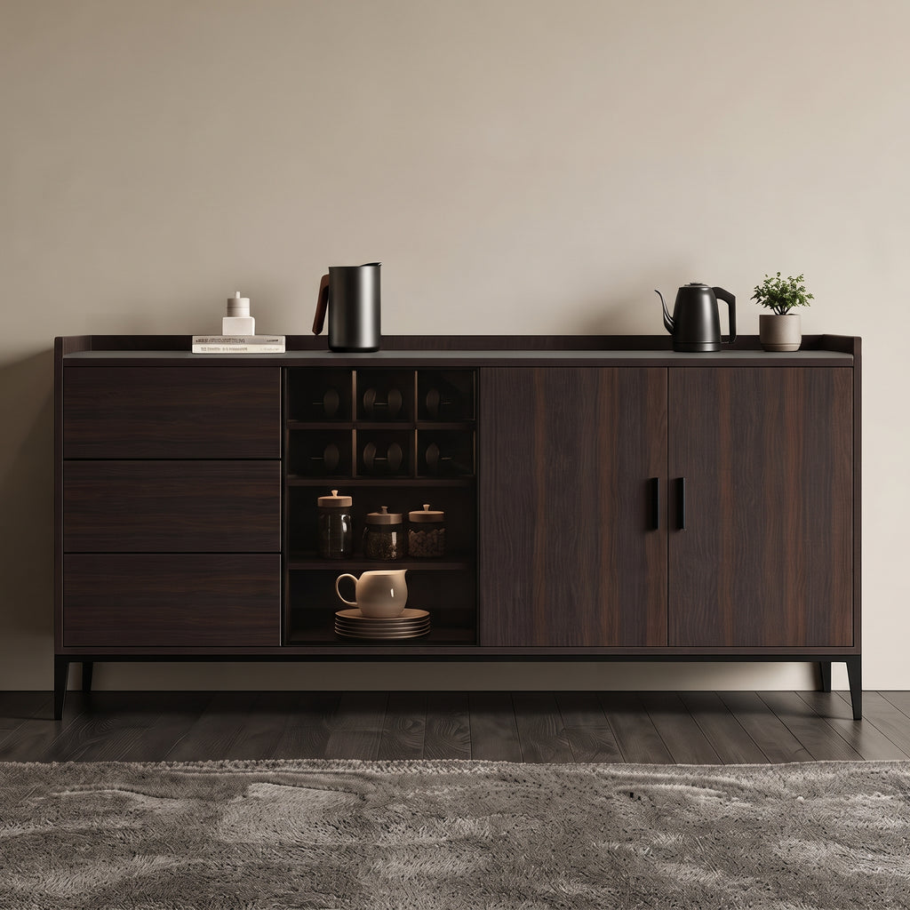 Buffet avec vitrine éclairée et plateau pierre, bois foncé, 140 à 180 cm