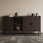Buffet avec vitrine éclairée et plateau pierre, bois foncé, 140 à 180 cm