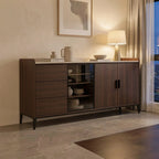 Buffet avec vitrine éclairée et plateau pierre, bois foncé, 140 à 180 cm