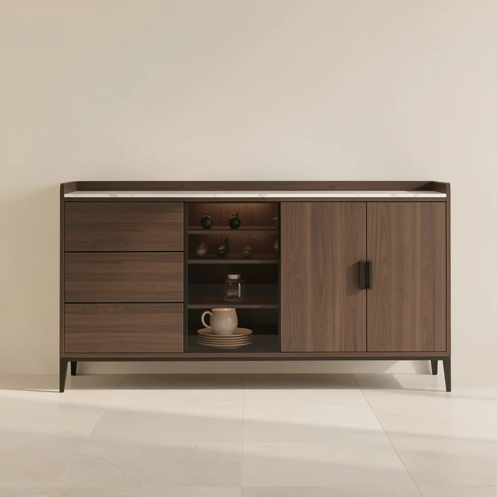 Buffet avec vitrine éclairée et plateau pierre, bois foncé, 140 à 180 cm