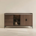Buffet avec vitrine éclairée et plateau pierre, bois foncé, 140 à 180 cm