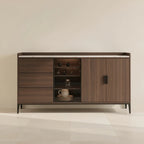 Buffet avec vitrine éclairée et plateau pierre, bois foncé, 140 à 180 cm