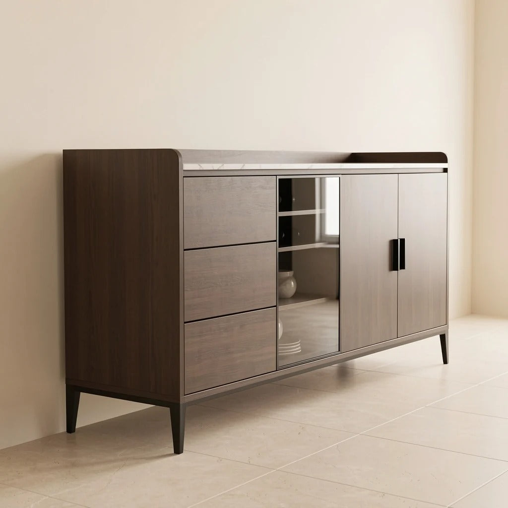 Buffet avec vitrine éclairée et plateau pierre, bois foncé, 140 à 180 cm