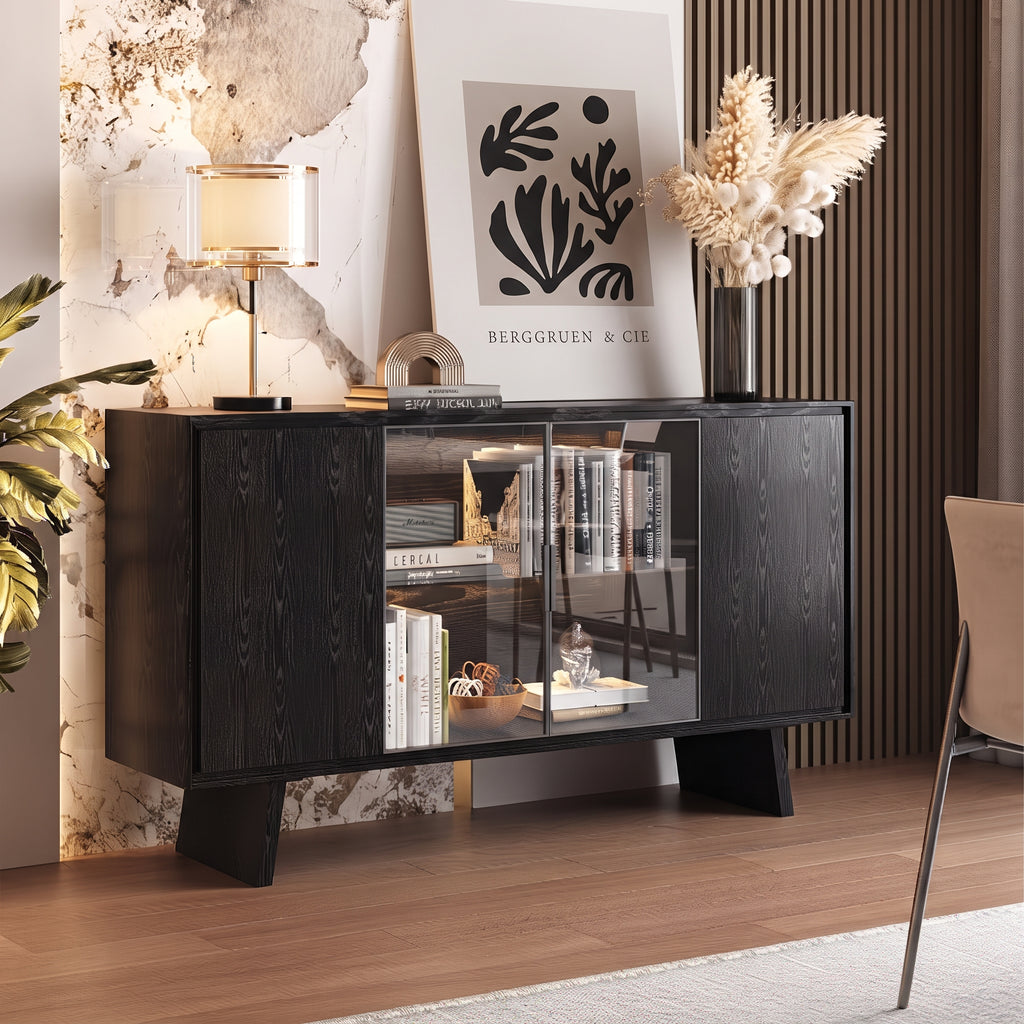 Buffet noir avec vitrine centrale éclairée, frêne, 120 ou 150 cm