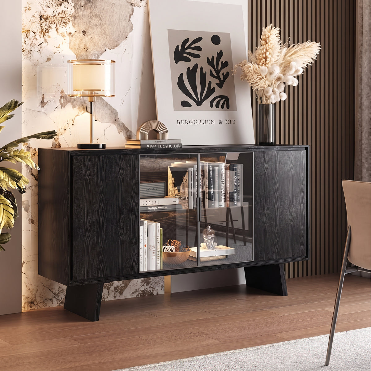 Buffet noir avec vitrine centrale éclairée, frêne, 120 ou 150 cm