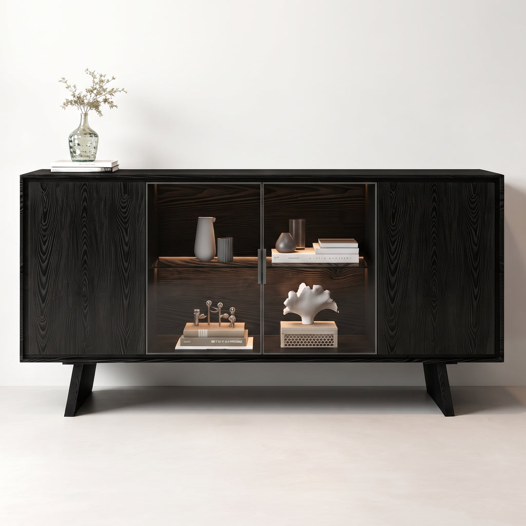 Buffet noir avec vitrine centrale éclairée, frêne, 120 ou 150 cm