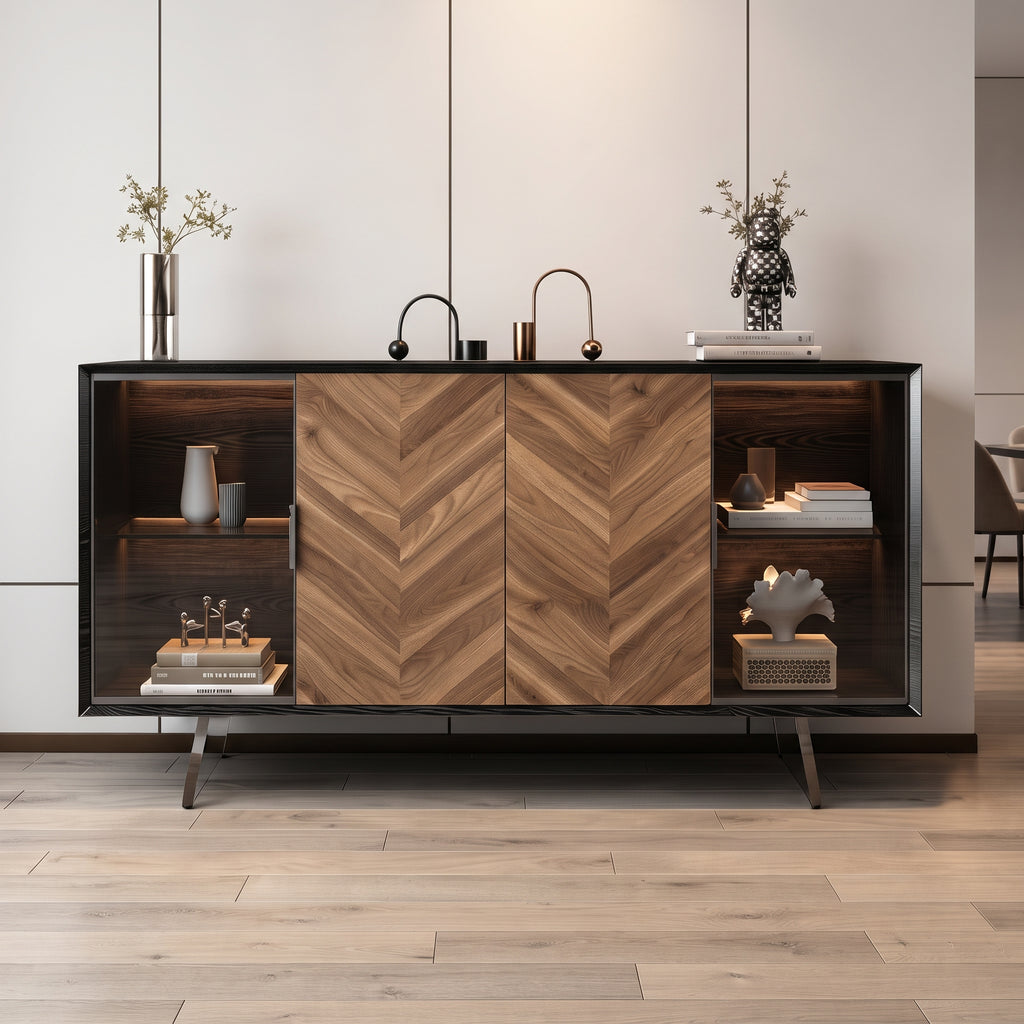 Buffet bois à chevrons avec vitrines éclairées, structure noire, 140 ou 160 cm