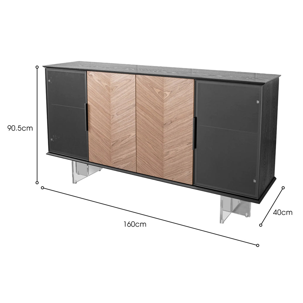 Buffet bois à chevrons avec vitrines éclairées, structure noire, 140 ou 160 cm