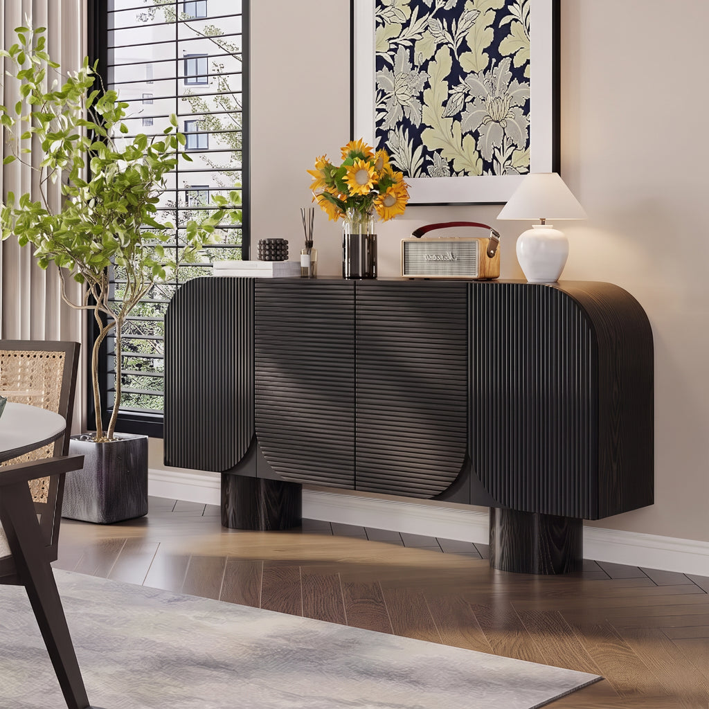 Buffet arrondi cannelé noir mat, pieds cylindriques, 140 ou 160 cm