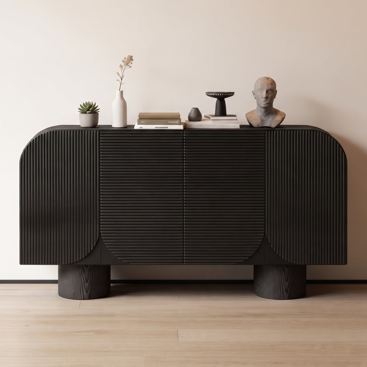 Buffet arrondi cannelé noir mat, pieds cylindriques, 140 ou 160 cm