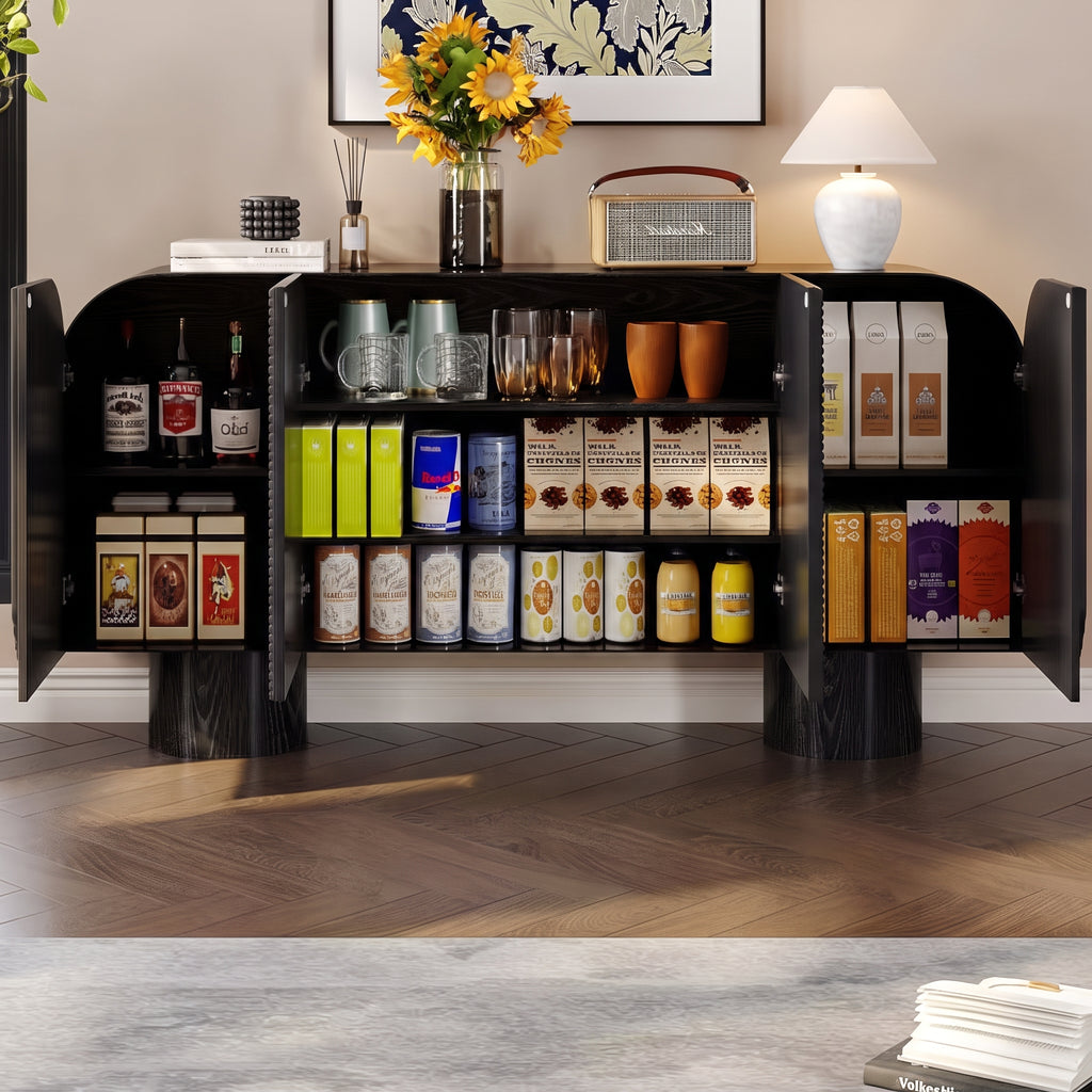 Buffet arrondi cannelé noir mat, pieds cylindriques, 140 ou 160 cm