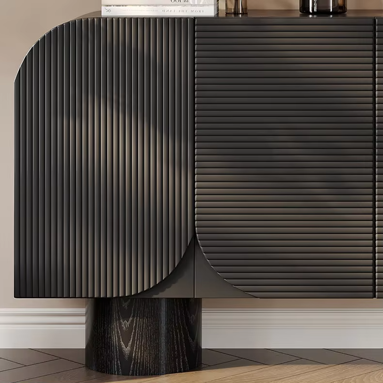 Buffet arrondi cannelé noir mat, pieds cylindriques, 140 ou 160 cm