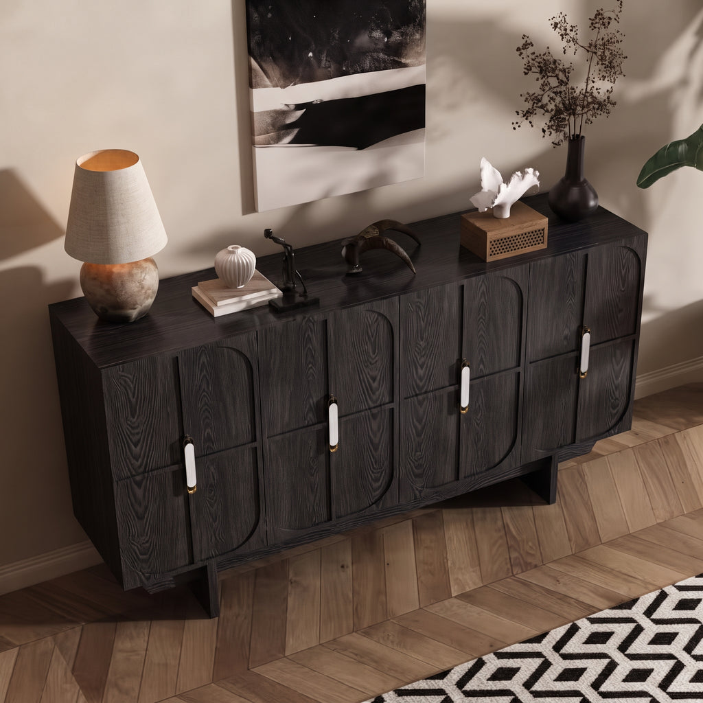 Buffet noir 8 portes motif arche, poignées laiton, 120 ou 150 cm