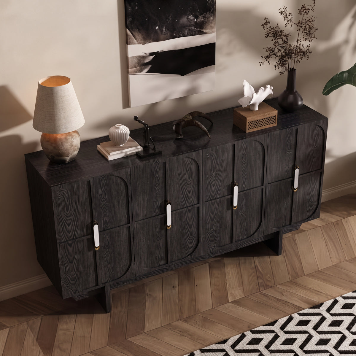 Buffet noir 8 portes motif arche, poignées laiton, 120 ou 150 cm