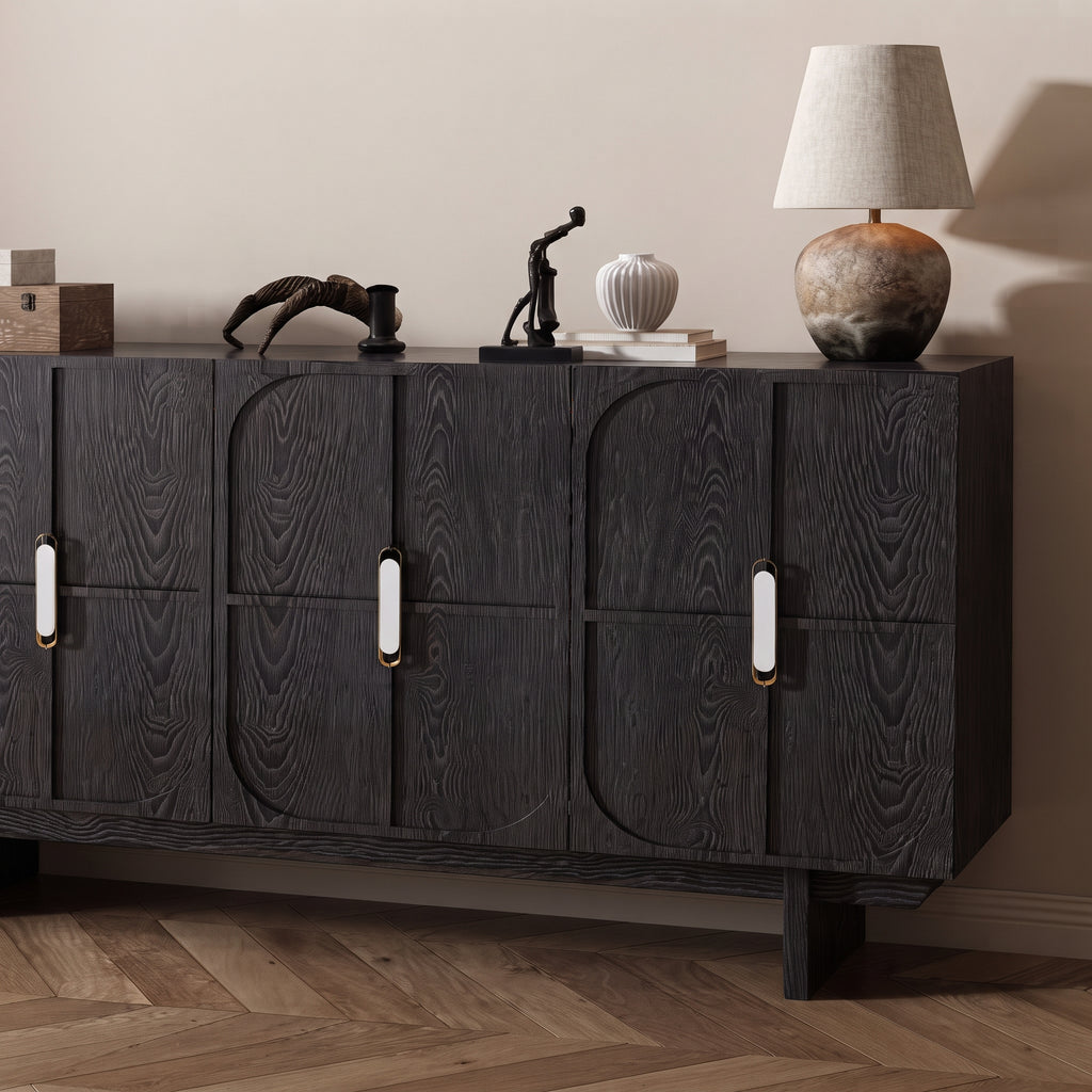 Buffet noir 8 portes motif arche, poignées laiton, 120 ou 150 cm