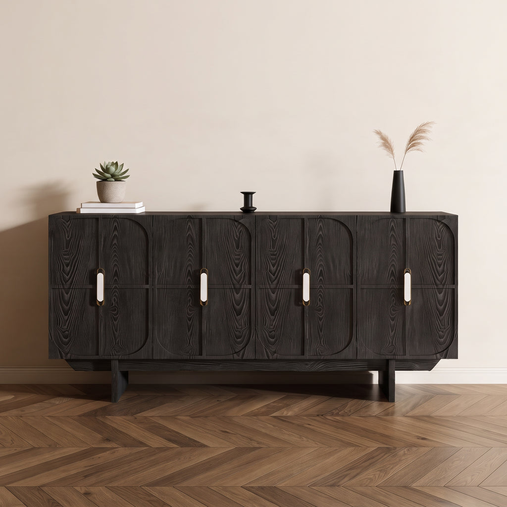 Buffet noir 8 portes motif arche, poignées laiton, 120 ou 150 cm