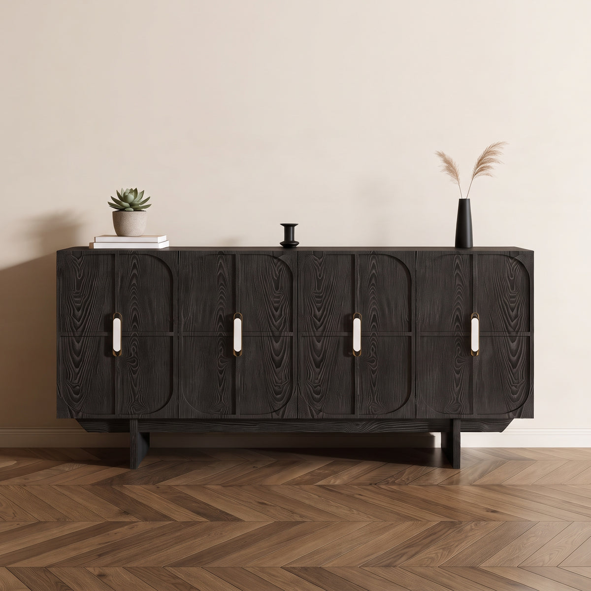 Buffet noir 8 portes motif arche, poignées laiton, 120 ou 150 cm