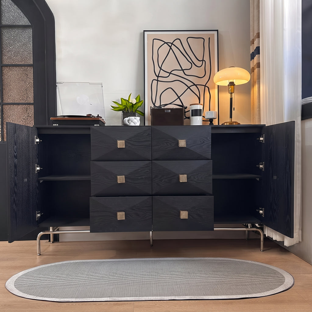Buffet noir à facettes 6 tiroirs, poignées dorées, 140 ou 160 cm