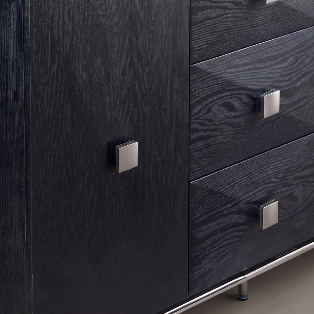 Buffet noir à facettes 6 tiroirs, poignées dorées, 140 ou 160 cm