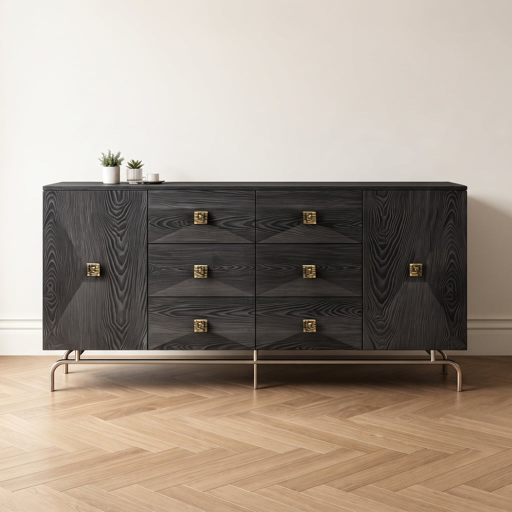 Buffet noir à facettes 6 tiroirs, poignées dorées, 140 ou 160 cm