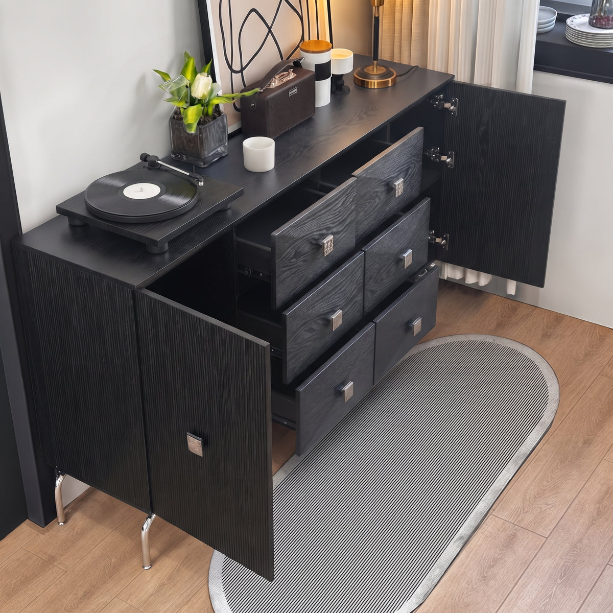 Buffet noir à facettes 6 tiroirs, poignées dorées, 140 ou 160 cm