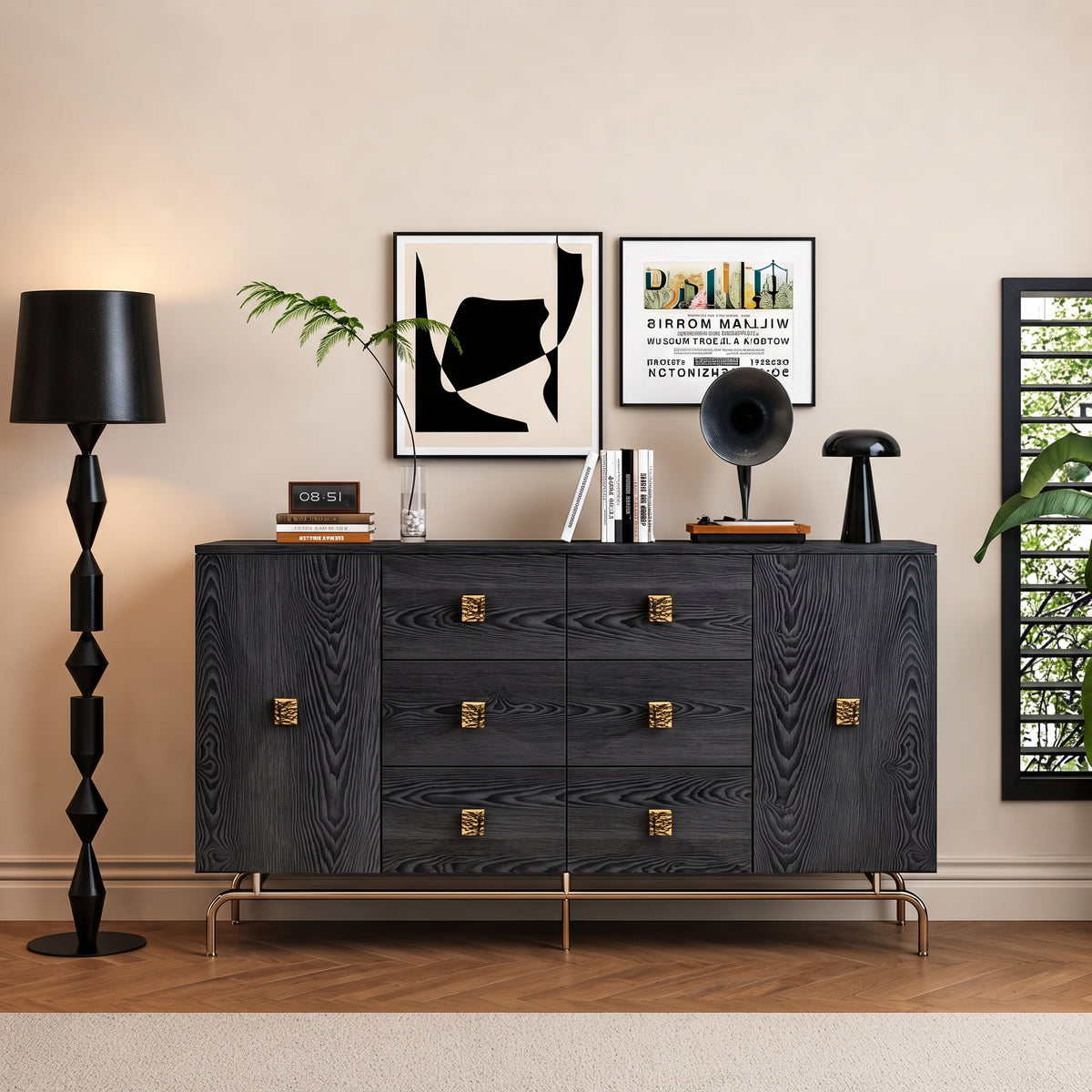 Buffet noir à facettes 6 tiroirs, poignées dorées, 140 ou 160 cm