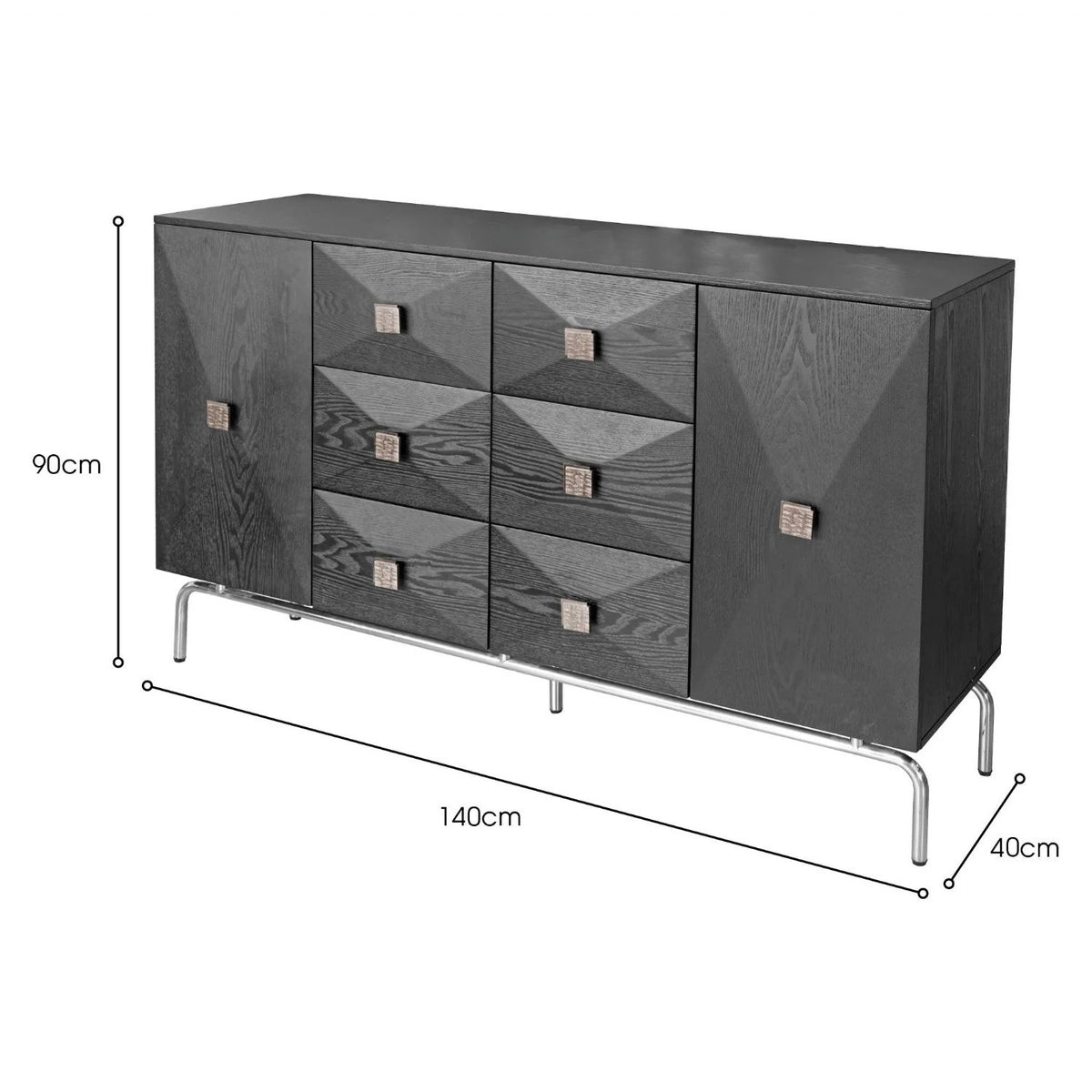 Buffet noir à facettes 6 tiroirs, poignées dorées, 140 ou 160 cm