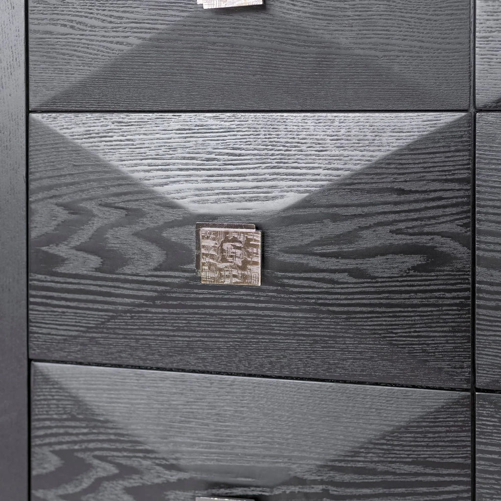 Buffet noir à facettes 6 tiroirs, poignées dorées, 140 ou 160 cm