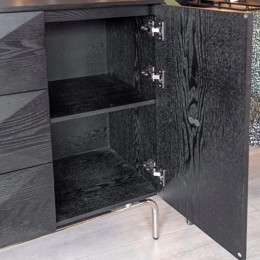 Buffet noir à facettes 6 tiroirs, poignées dorées, 140 ou 160 cm