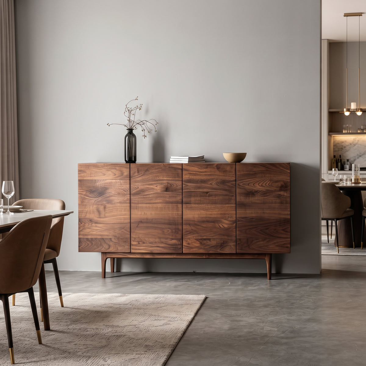 Buffet en noyer massif minimaliste 4 portes, pieds fuselés, 140 ou 160 cm