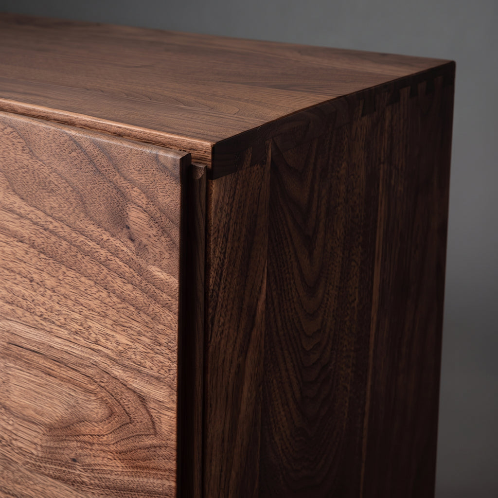 Buffet en noyer massif minimaliste 4 portes, pieds fuselés, 140 ou 160 cm