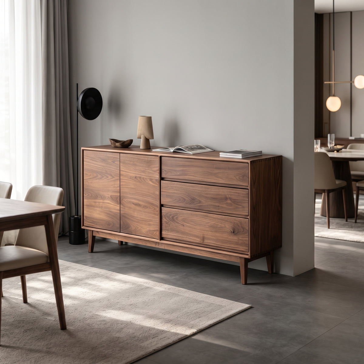 Buffet en noyer clair 2 portes 3 tiroirs, style mid-century, 120 ou 150 cm