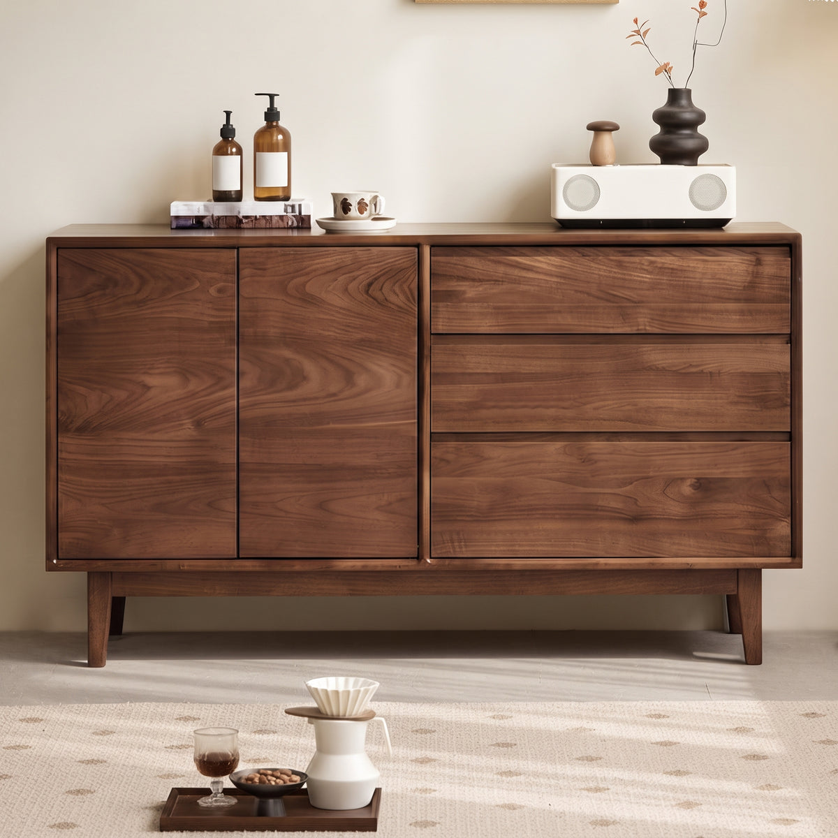 Buffet en noyer clair 2 portes 3 tiroirs, style mid-century, 120 ou 150 cm