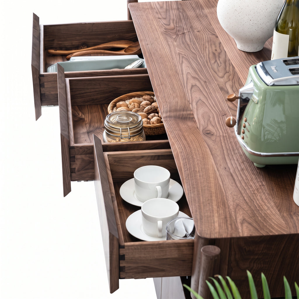 Buffet en noyer massif à structure apparente 3 portes, 120 à 160 cm