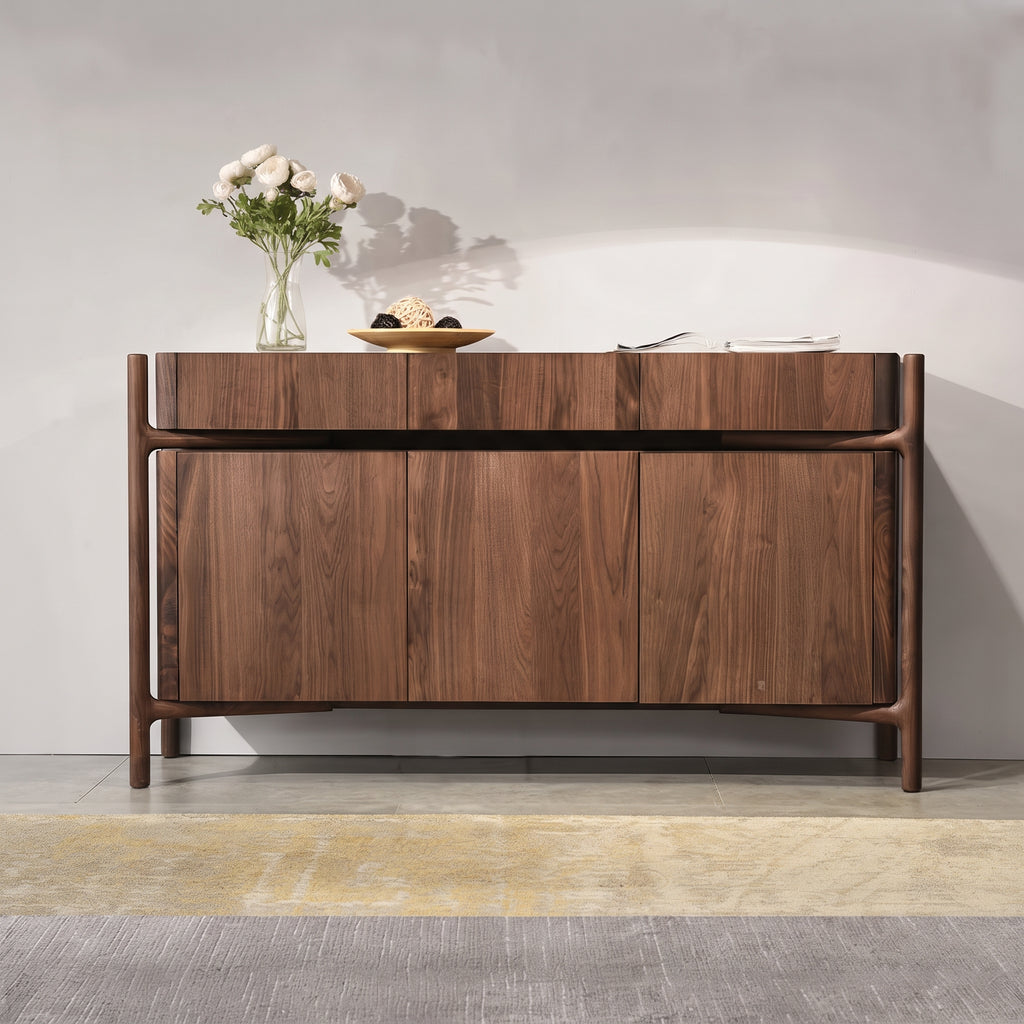 Buffet en noyer massif à structure apparente 3 portes, 120 à 160 cm