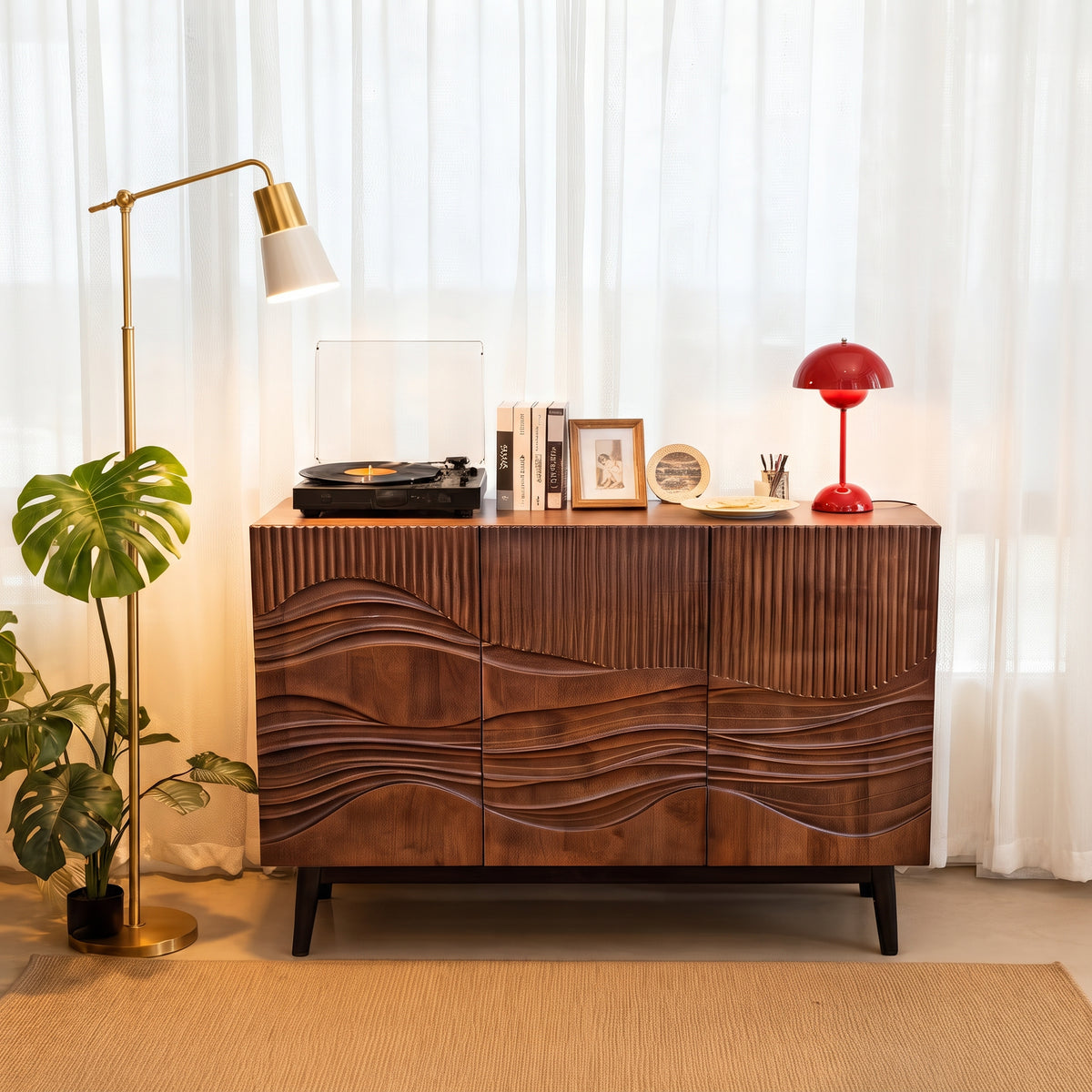 Buffet en noyer sculpté motif dunes 3 portes, 120 ou 150 cm