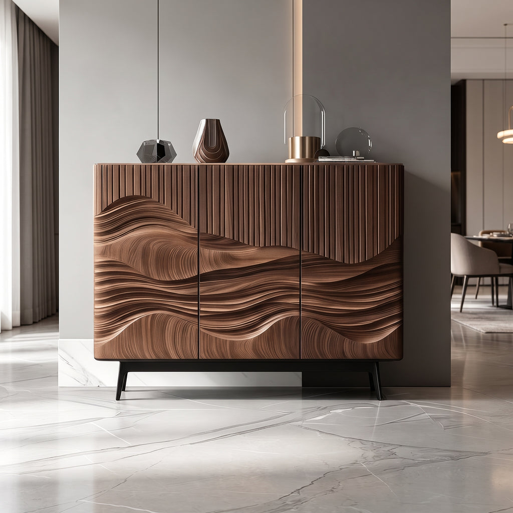 Buffet en noyer sculpté motif dunes 3 portes, 120 ou 150 cm